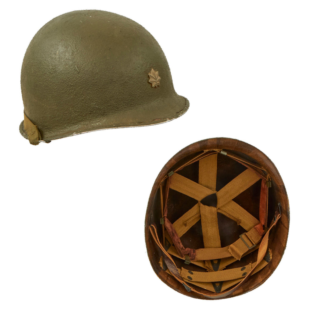 Original U.S. WWII Complete M1 McCord Swivel Bale Front Seam Helmet with Brazed Major’s Insignia & Matching International Molded Plastics Liner Original Items