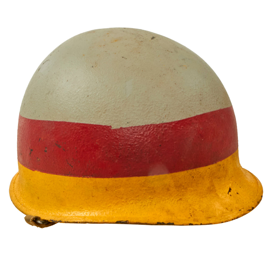 Original U.S. WWII Navy Painted Damage Control or Supply Battalion Rear Seam Swivel Bale M1 Helmet with Westinghouse Liner Original Items