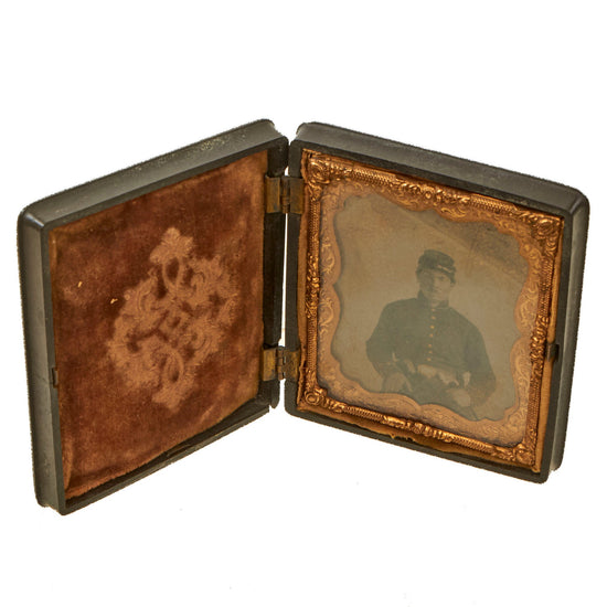 Original U.S. Civil War Sixth Plate Tintype of Union Infantry Soldier with Kepi in Complete Thermoplastic Case by Holmes, Booth and Haydens Original Items