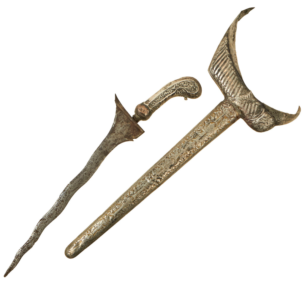 Original 18th Century Balinese Indonesian Kris Dagger With Ornately Carved Silver-Clad Scabbard Original Items