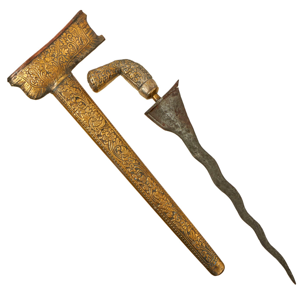 Original 18th Century Balinese Indonesian Kris Dagger With Ornately Carved Brass-Clad Scabbard Original Items