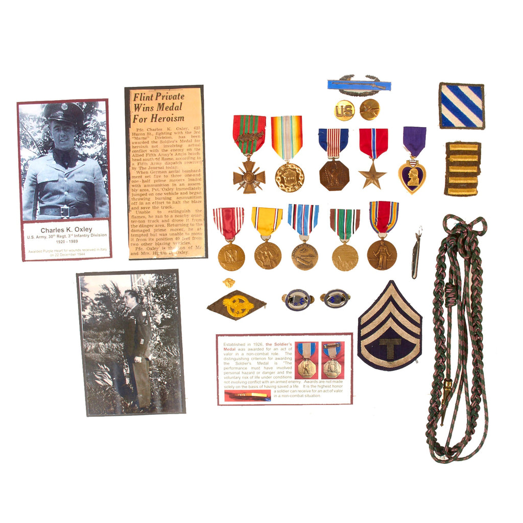 Original U.S. WWII 3rd Infantry Division Purple Heart & Soldiers Medal Grouping to Sergeant Charles K. Oxley, 30th Infantry Regiment - Engraved Gov’t Replacement Medals Original Items