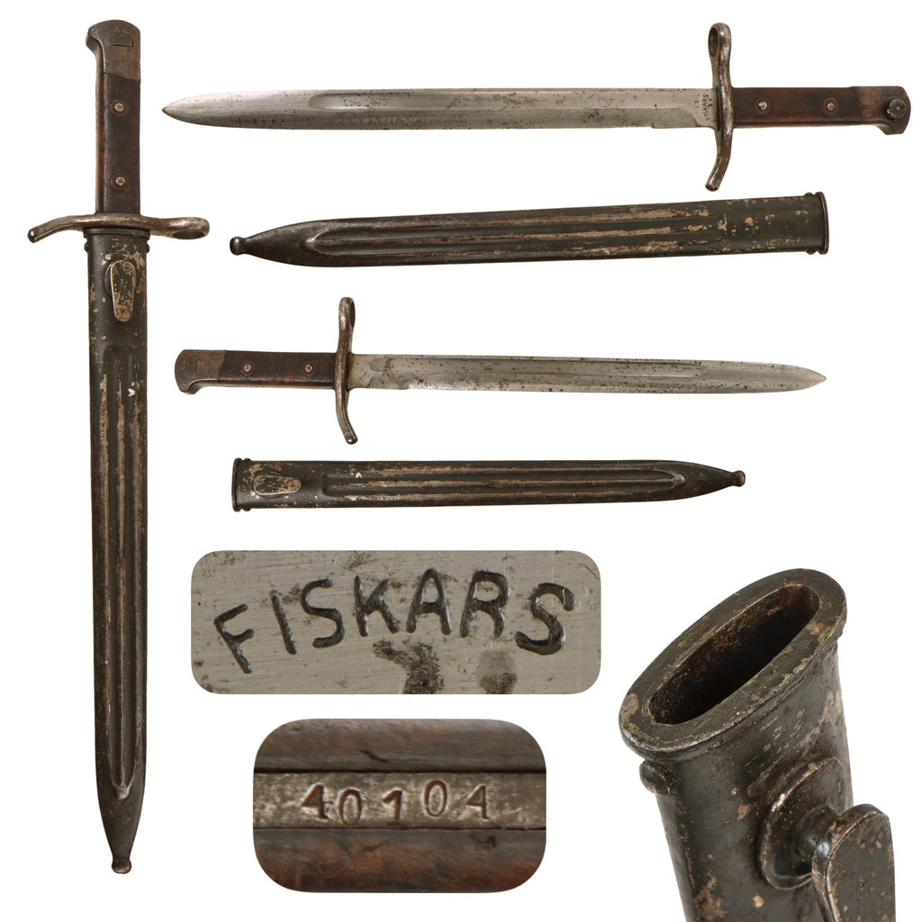 Original Finnish WWII Model 1928 Bayonet Marked Fiskars with Scabbard - As Used on M/27 Mosin-Nagant Rifle Original Items