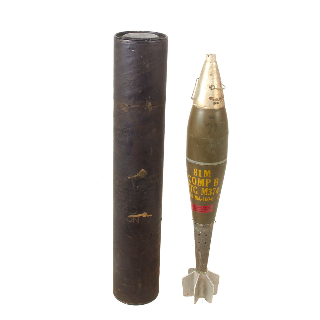 Original U.S. Vietnam War Excellent Inert M374 HE 81mm Mortar Round with M524A5 Fuze in Original Husk - Dated 1967 Original Items