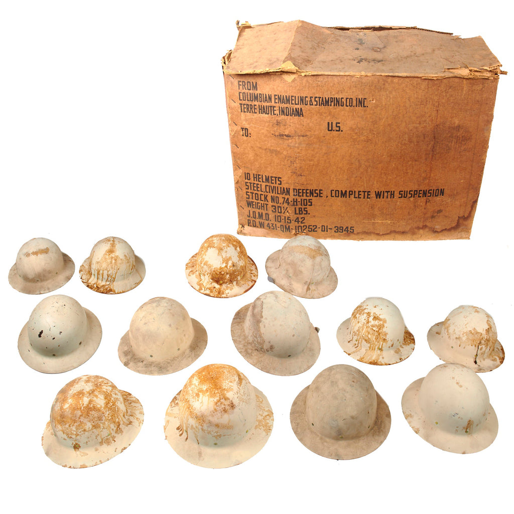 Original U.S. WWII 10 Civilian Defense Helmets with Suspension in Original 1942-Dated Box for Pottsville Armory, Pennsylvania Original Items