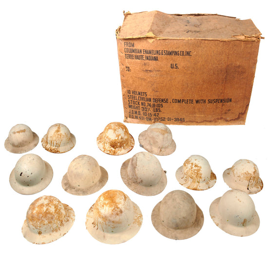 Original U.S. WWII 10 Civilian Defense Helmets with Suspension in Original 1942-Dated Box for Pottsville Armory, Pennsylvania Original Items