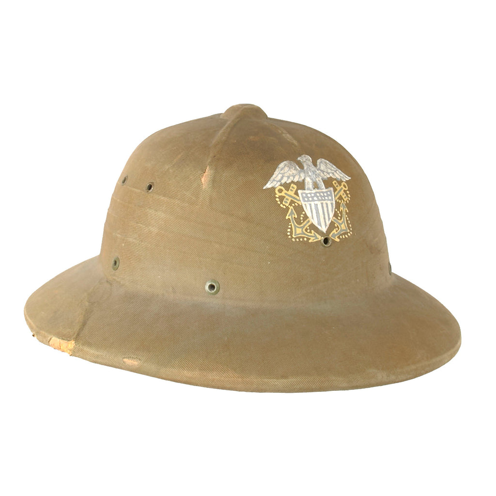 Original U.S. WWII-Era US Navy USMC Issue M-1940 Pressed Fiber Sun Helmet by Hawley with Hand-Painted Navy Officer Insignia Original Items