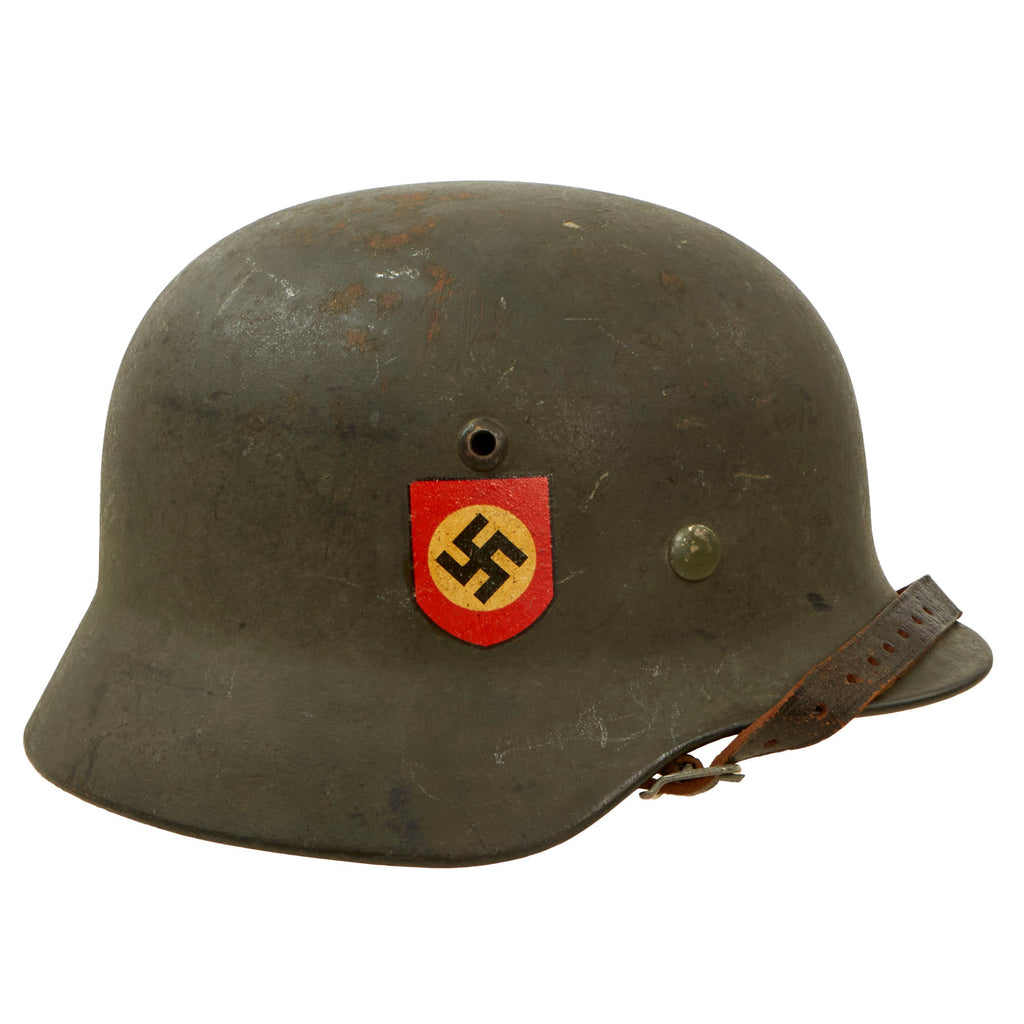 Original German WWII Named Double Decal NSDAP Civic Police M35 Steel Combat Helmet with 55cm Liner & Chinstrap - Size 62 Shell Original Items