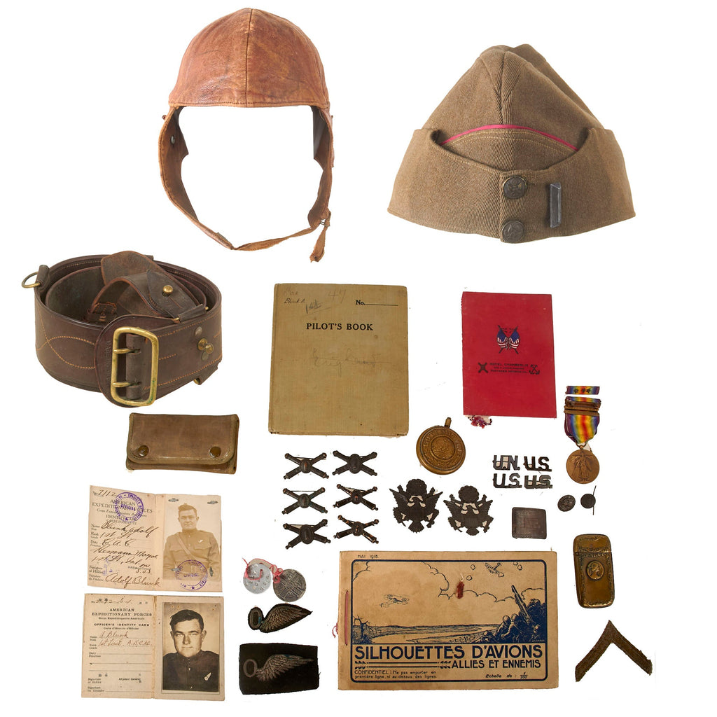 Original U.S. WWI Rare Artillery Observer Bullion Wings & Pilot’s ID Card Grouping of Lieutenant Adolf Blunk with British-Made Glengarry Style Cap & Dog Tag Original Items