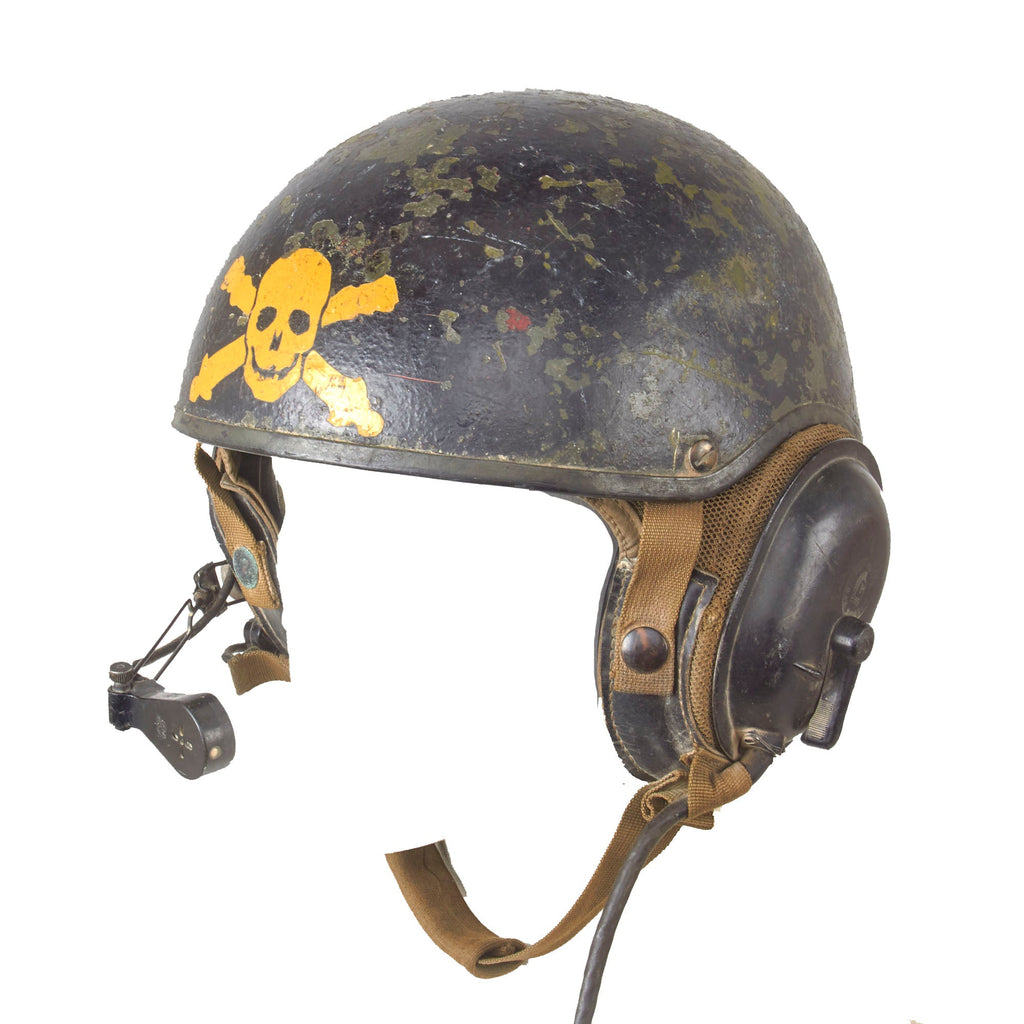 Original U.S. Gulf War Desert Storm CVC DH-132A Tanker Helmet by Gentex with Black Paint & Period Skull & Crossbones Artwork - Dated 1978 Original Items