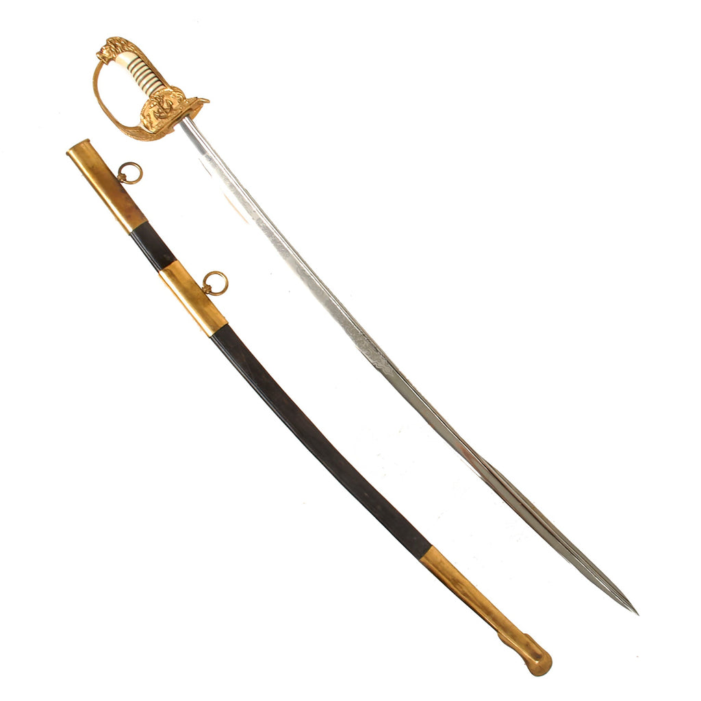 Original German WWII Kriegsmarine Navy Officer Lion Head Sword by E. & F. Hörster with Etched Pipe Back Blade and Leather Scabbard Original Items