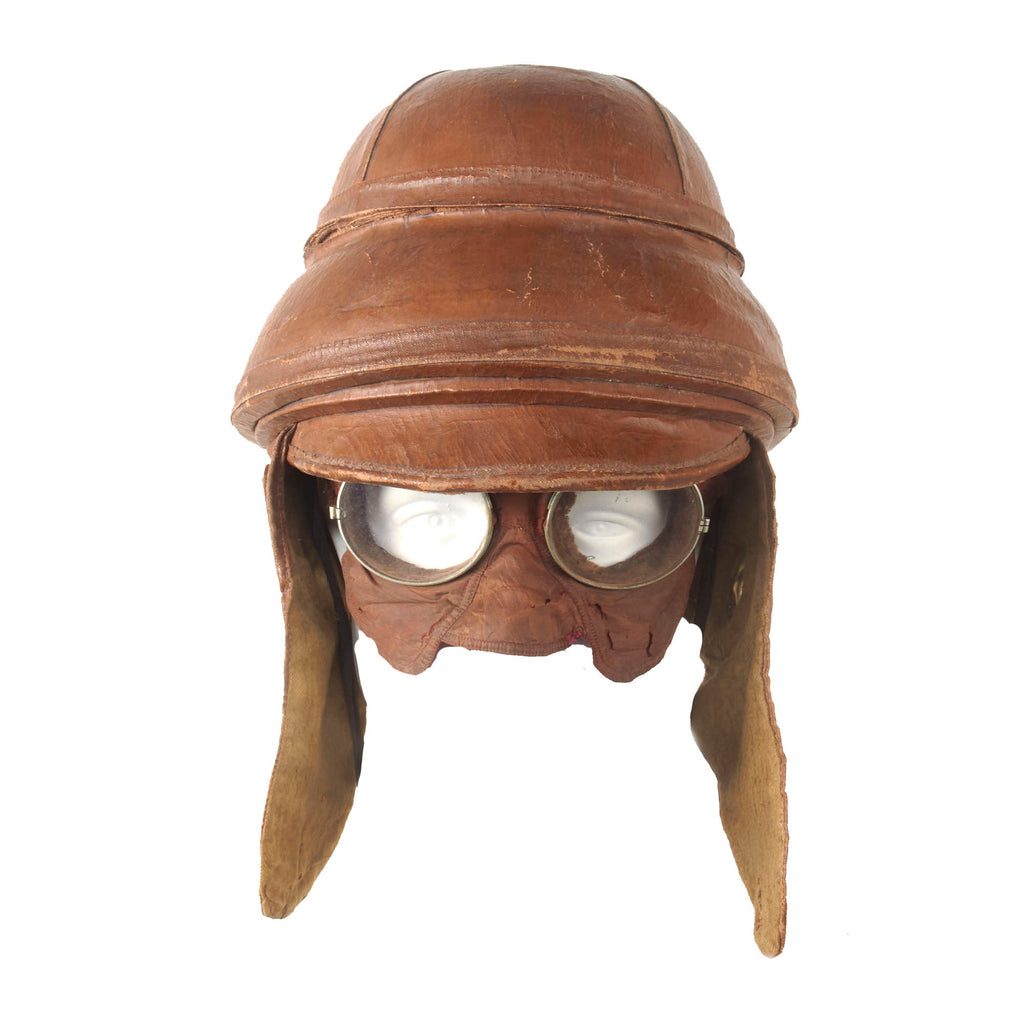 Original French WWI Armée de l'Air Air Force Roold Aviation Crash Helmet With Flight Goggles & Intact Maker’s Label - Extremely Scarce - Casque d’Aviateur Original Items