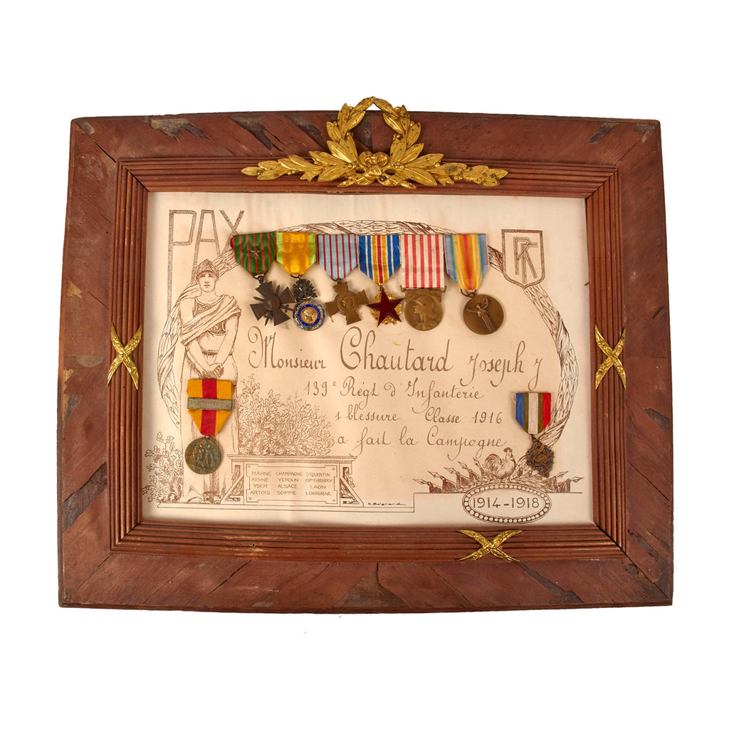 Original French WWI Named and Framed 1914-1918 Service Certificate With (8) Medals Attached - 17½ x 21½” Original Items