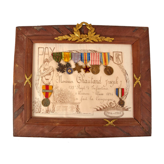 Original French WWI Named and Framed 1914-1918 Service Certificate With (8) Medals Attached - 17½ x 21½” Original Items