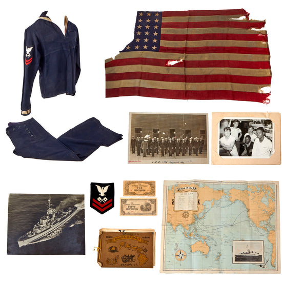 Original U.S. WWII USS Major Uniform & Flag Grouping of Navy Signalman James E. Cassidy with Photo Album & Tattered U.S. Flag Saved During Hurricane of 1945 - 39 x 71” Original Items