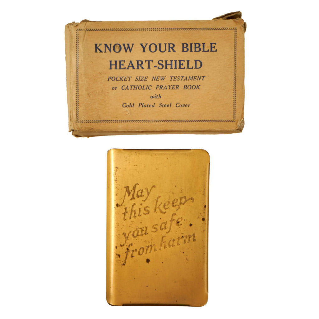 Original U.S. WWII Named “May This Keep You From Harm” New Testament Gold-Plated Heart-Shield Breast Pocket Bible in Original Box Original Items