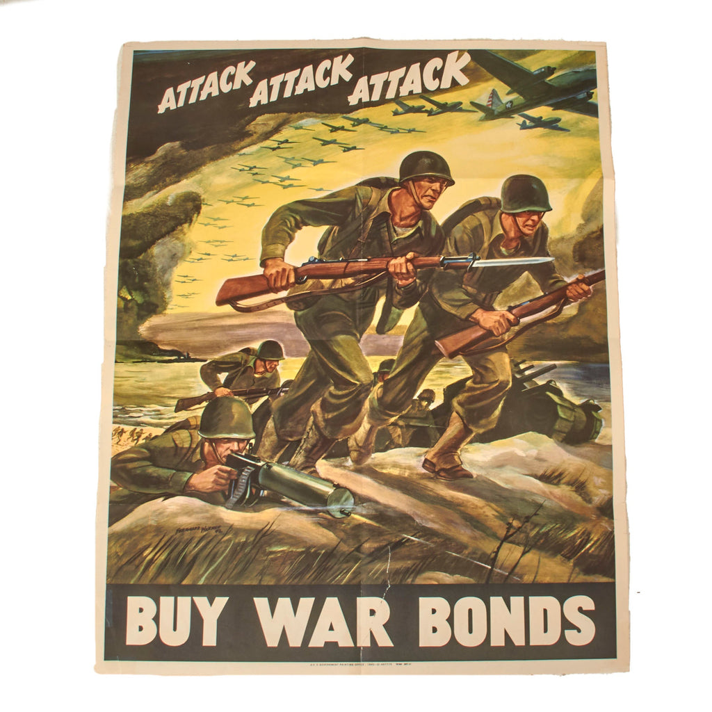 Original U.S. WWII Government Printing Office “Attack Attack Attack, Buy War Bonds” Propaganda Poster - 22” x 28” Original Items