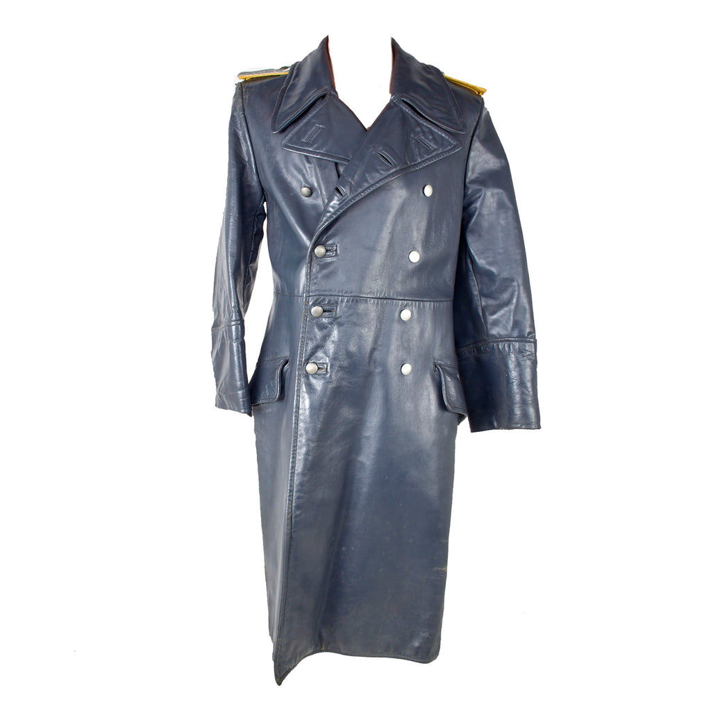 Original German WWII Heer Army Signals Leutnant Officer's Gray Leather Greatcoat with Dagger Hanger and Period Train Ticket Original Items