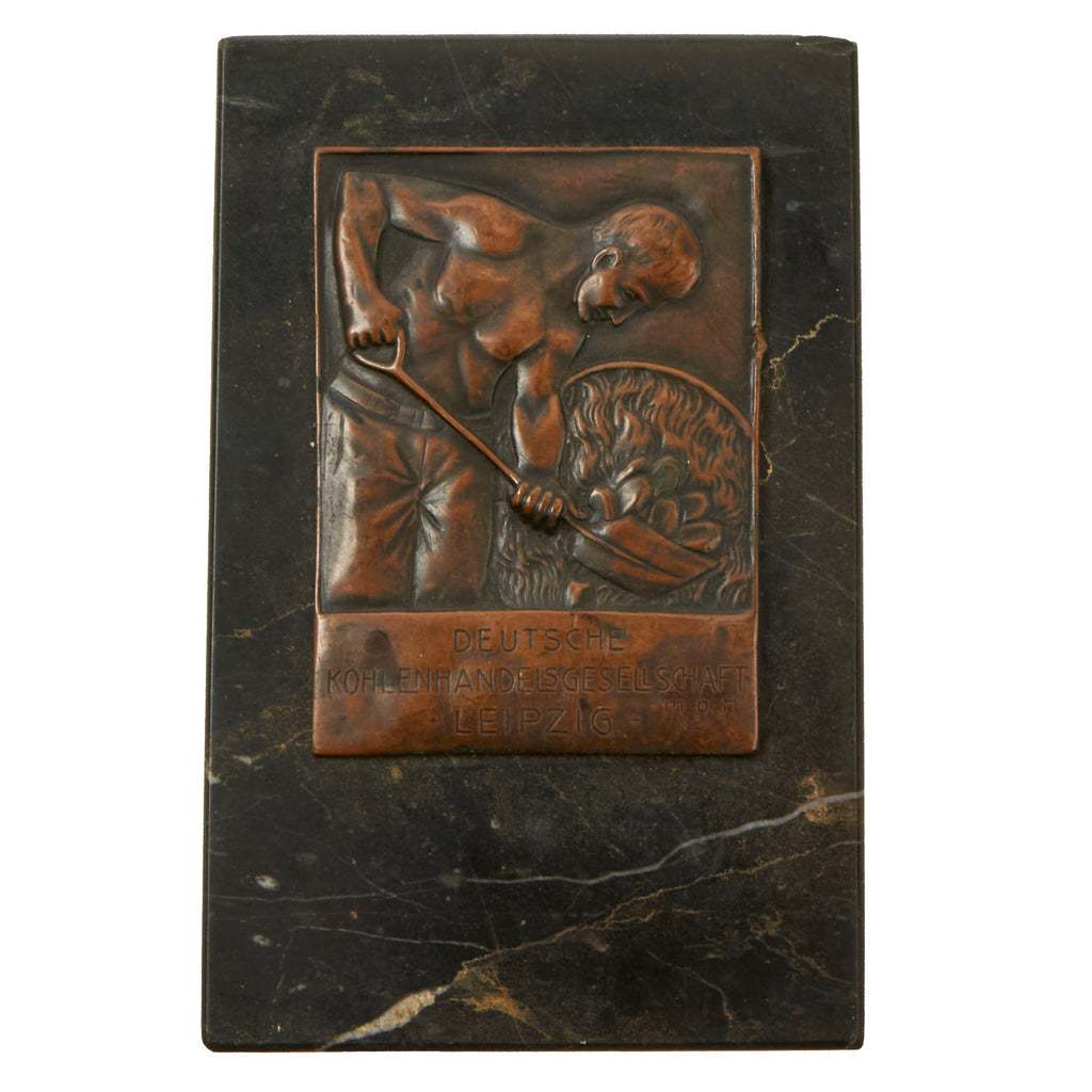 Original Pre WWII German Coal Trade Association Leipzig Bronze Table Plaque on Black Marble Base Original Items