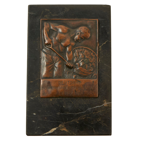Original Pre WWII German Coal Trade Association Leipzig Bronze Table Plaque on Black Marble Base Original Items