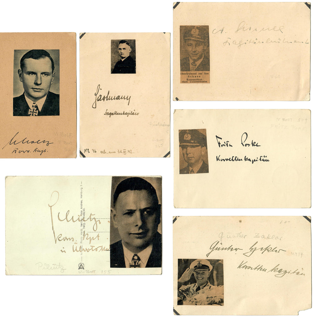 Original German WWII Collection of Six Identified Kriegsmarine Navy Knight's Cross Recipient U-Boat Commander Autographs Original Items