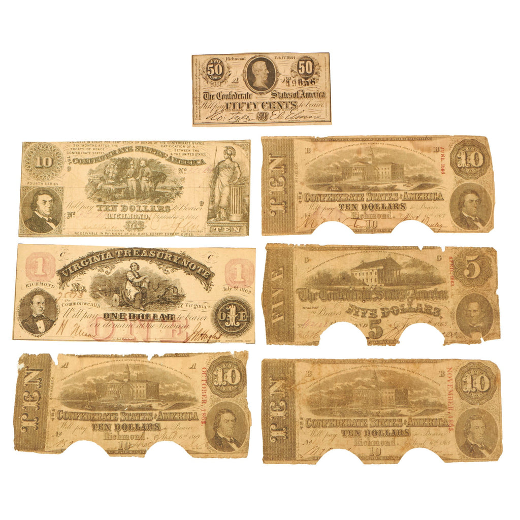 Original U.S. Civil War Confederate Currency & Virginia Treasury Note Lot - 7 Pieces Total Original Items