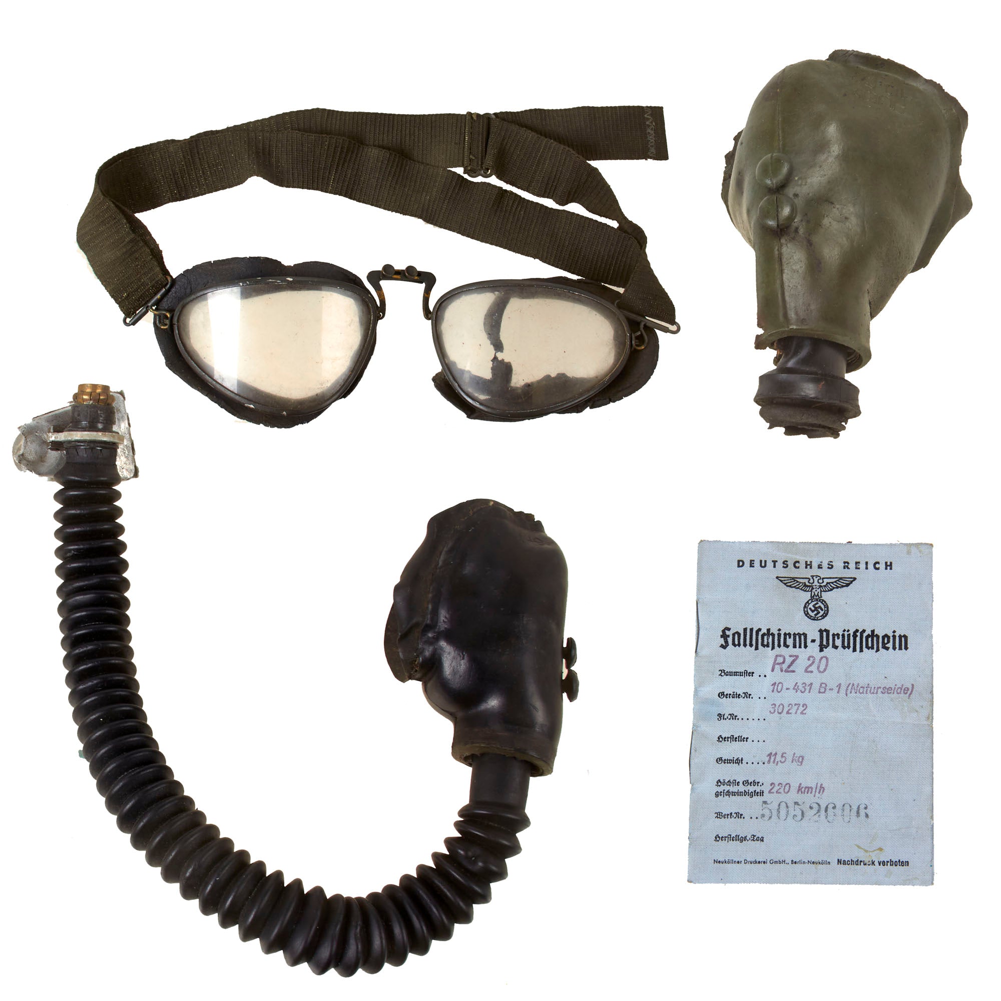 Original German WWII Luftwaffe Equipment Lot with 10-67 Oxygen Masks, Flight Goggles, and Parachute Log Book