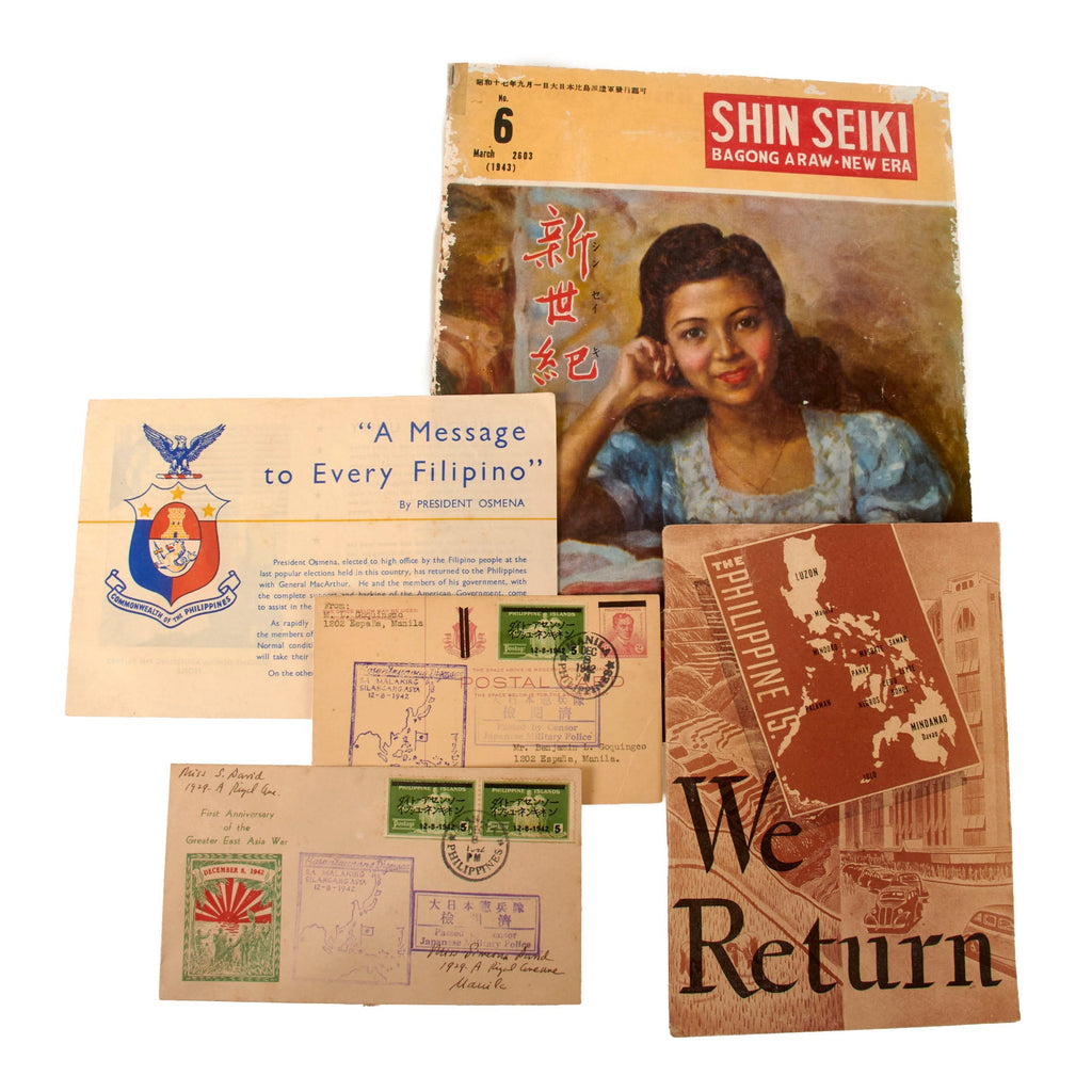 Original Japanese WWII Philippine Occupation Propaganda & Ephemera Lot - Propaganda Book, Japanese-Censored Mail Covers & Leaflet Original Items