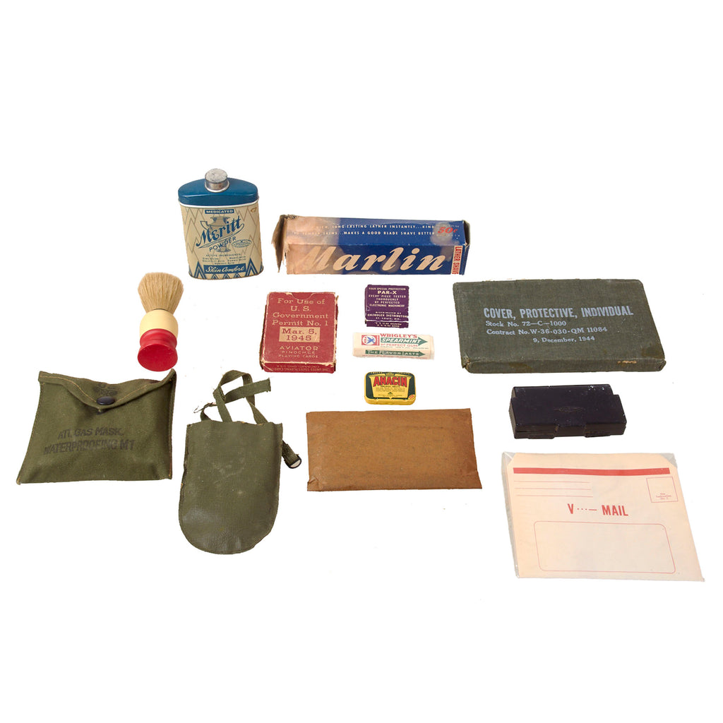 Original U.S. WWII Personal Effects and Hygiene Items Lot with Gas Mask Waterproofing Kit, American Red Cross Playing Cards, and Sealed Wrigley Gum