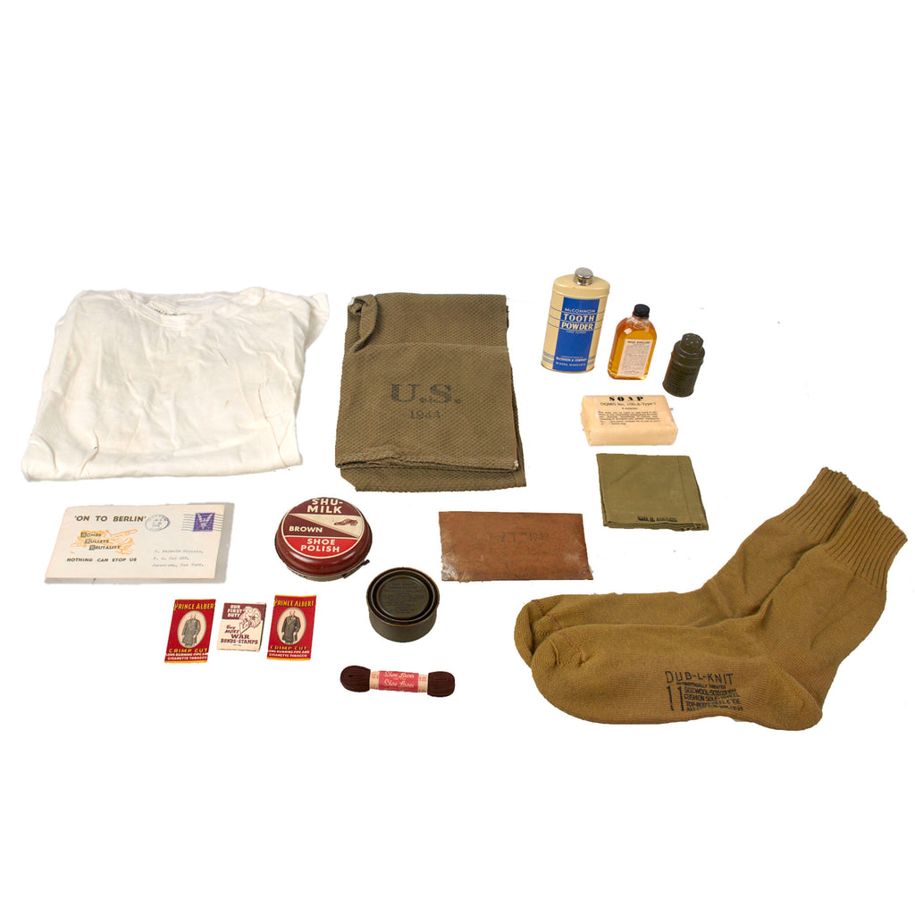 Original U.S. WWII Personal Effects and Hygiene Items Lot with Army Issue Towel, Shirt, Socks, and Toiletries