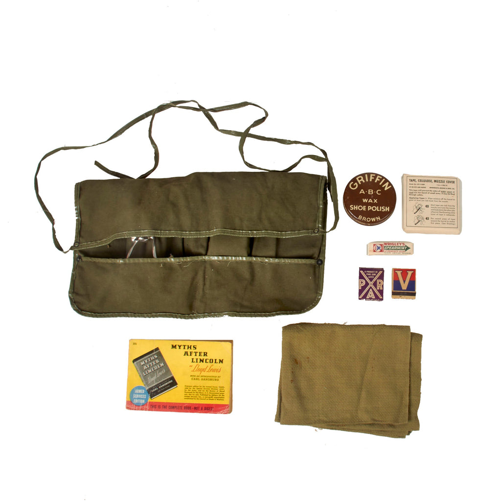 Original U.S. WWII Personal Effect Items Lot Including Great Roll-Up Toiletries Kit, Unused Cellulose Muzzle Cover Tape & Sealed Shoe Polish Original Items