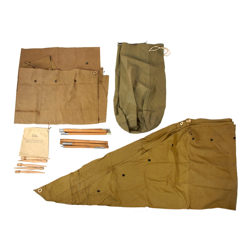 Original U.S. WWII Early Style Shelter Tent with Peg Bag & Early Pattern Collapsible Tent Poles - Rare Original Items