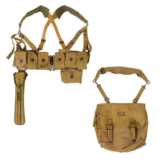 Original U.S. WWII M1923 Cartridge Belt Rig & Named Musette Bag Lot - BAR Part Box & Cleaning Rod Kit Original Items