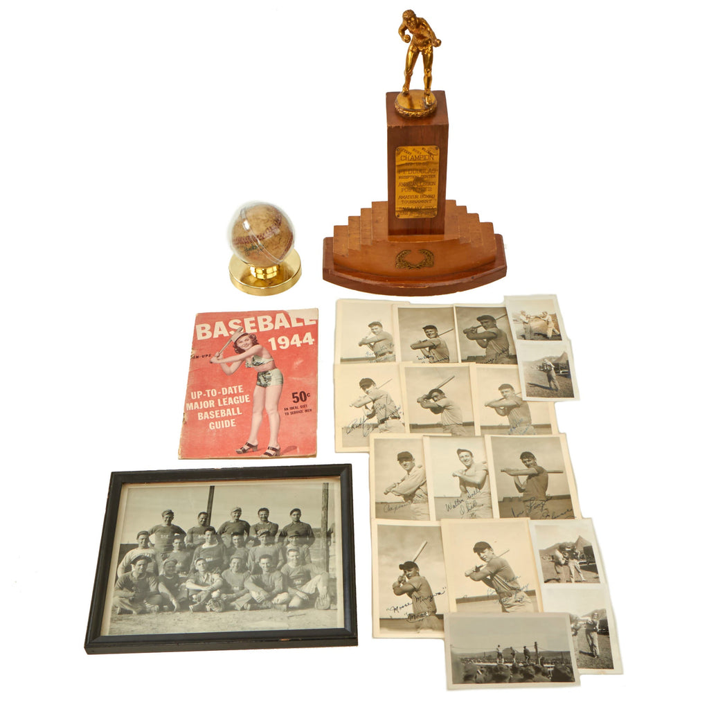 Original U.S. WWII Sports Lot with Guam 1945-Signed Baseball & 1942 Boxing Tournament Trophy with Signed Baseball Photos Original Items