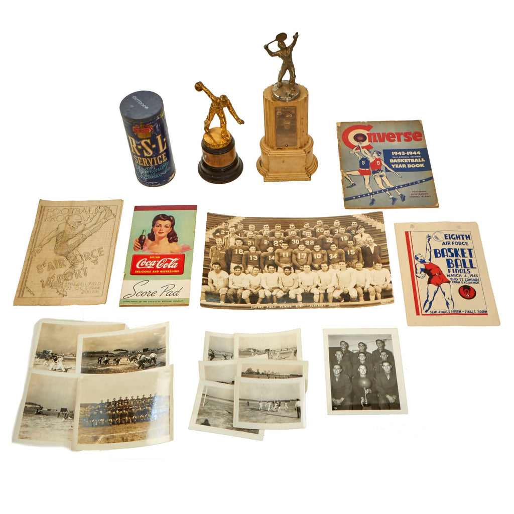 Original U.S. WWII Sports Lot with Two Trophies & Fantastic Photographs - Unopened Can of Shuttlecocks Original Items