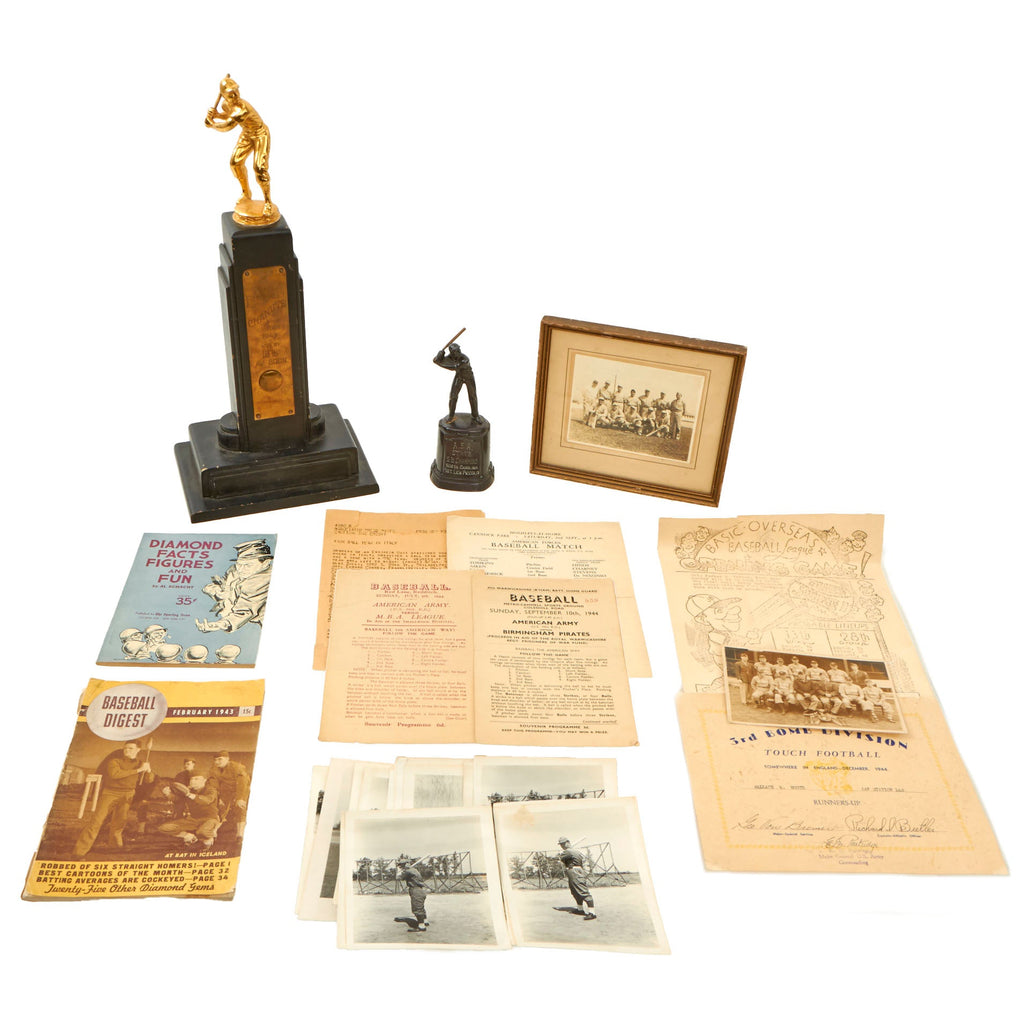 Original U.S. WWII Sports Lot with Two AAF Baseball Trophies & Framed AAF Baseball Photo - Loose Photos & Baseball Digest Original Items