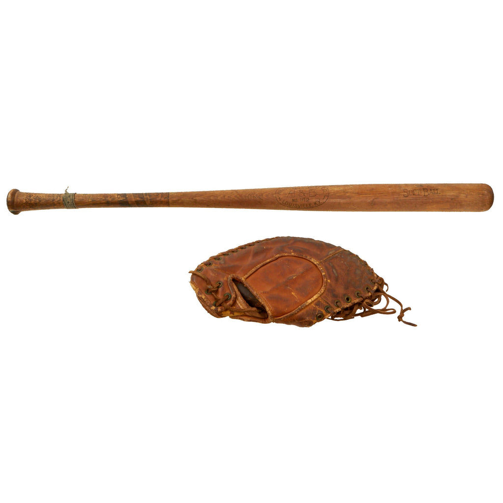 Original U.S. WWII U.S.-Marked Softball Bat by Hillerich & Bradsby Co. & Army Special Services-Marked Catcher’s Glove Mitt by Rawling Original Items