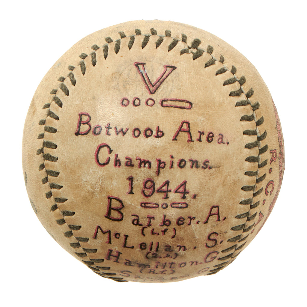 Original Canadian WWII 106th Coastal Artillery Battery Signed & Painted Softball by Spalding - 1944 Champions of “Botwoob” Area Original Items