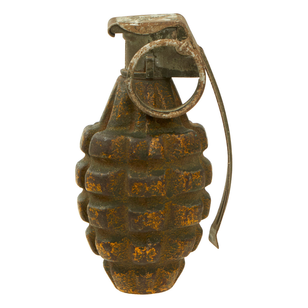 Original U.S. WWII Inert MkII Pineapple Grenade with Underlying Yellow Paint & M10A2 Fuze Original Items