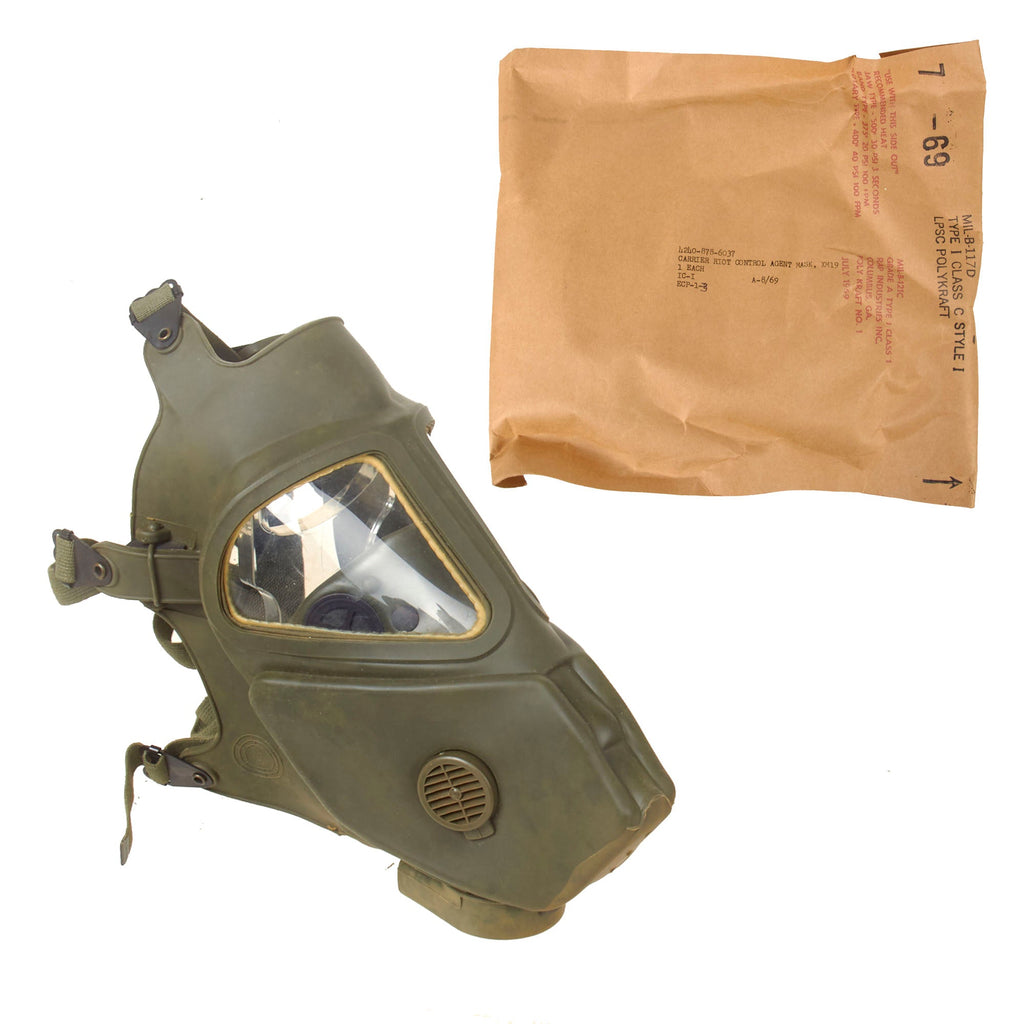 Original U.S. Vietnam War Experimental XM28E4 Grasshopper Riot Control Agent Gas Mask with Carrier Sealed in Original Packaging - Dated July 1969 Original Items