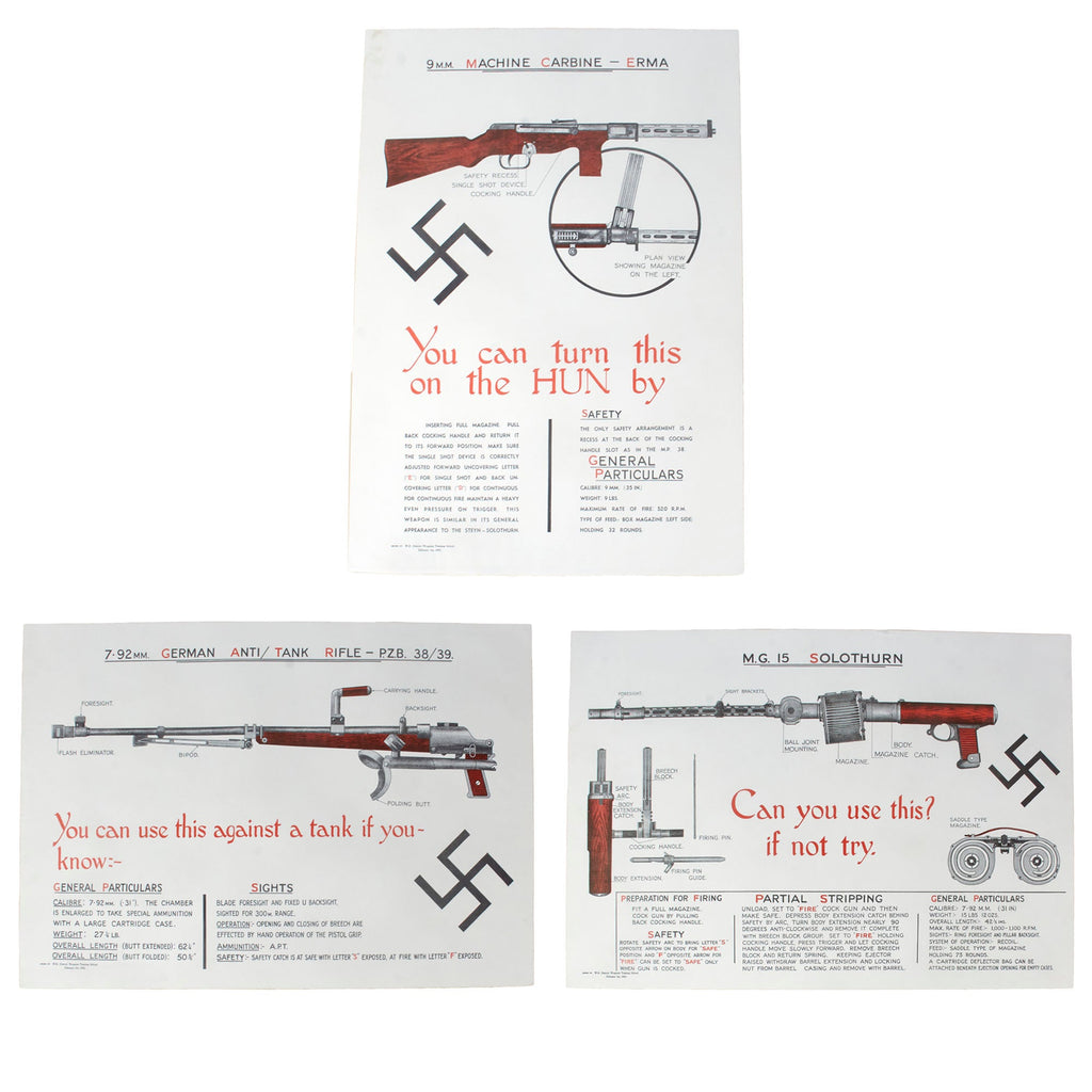 Original British WWII W.R. District Weapons Training School Weapon Identification Posters for the M.G. 15, PZB 38/39, & Erma - Lot of 3 Original Items