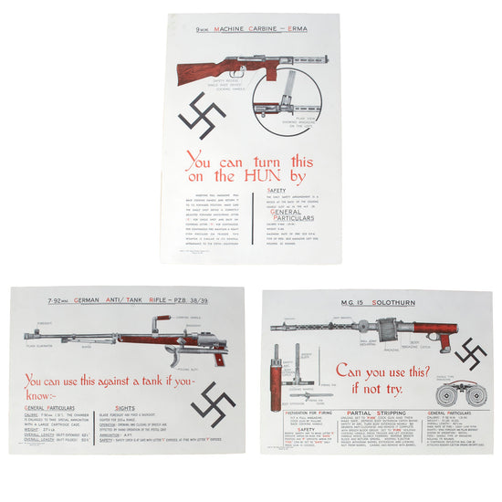 Original British WWII W.R. District Weapons Training School Weapon Identification Posters for the M.G. 15, PZB 38/39, & Erma - Lot of 3 Original Items