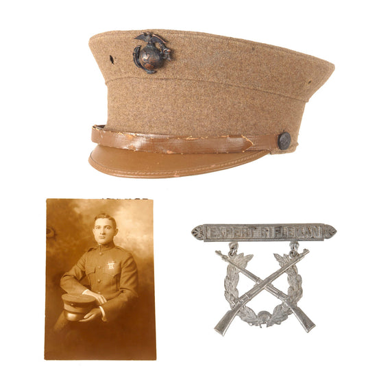 Original WWI Era U.S. Marine Corps Summer Dress Enlisted Bell Crown Visor Cap with Photo of Marine & Sterling Expert Rifleman Badge - Size 6 7/8 Original Items
