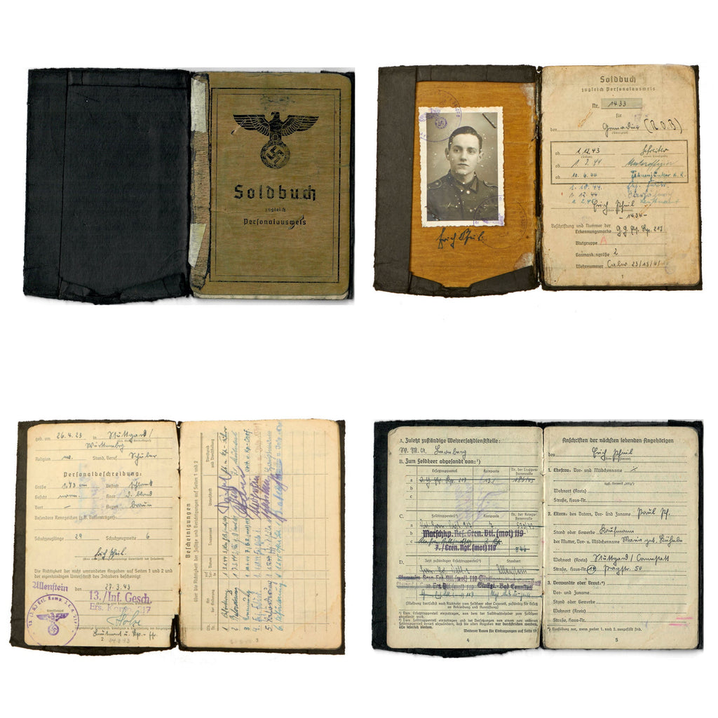 Original German WWII Soldbuch Soldier Identity & Payment Book of Lt. Erich Pfeil with Translated Summary - Panzergrenadier Regt. 11 Original Items