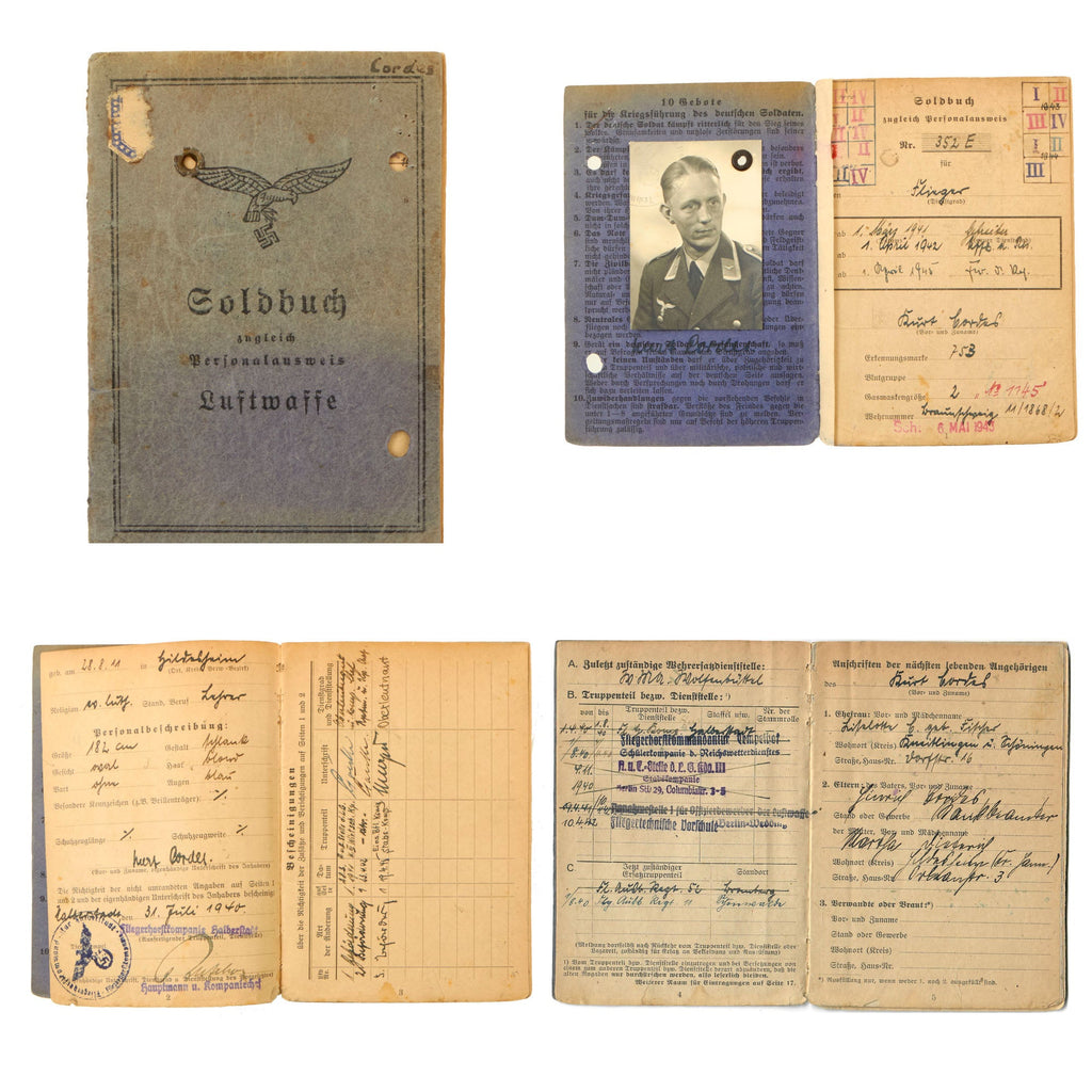 Original German WWII Luftwaffe Soldbuch Soldier Identity & Pay Book of Battle of Berlin Veteran Oberleutnant Kurt Cordes with Translated Summary Original Items