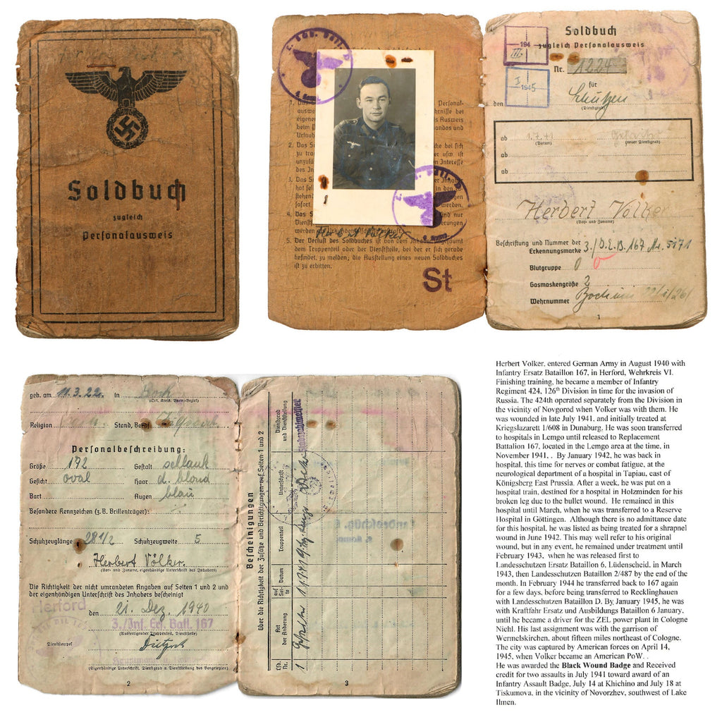 Original German WWII Heer Army Soldbuch ID & Payment Book of Eastern Front Veteran Gefreiter Herbert Völker with Translated Summary Original Items