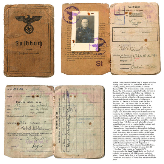 Original German WWII Heer Army Soldbuch ID & Payment Book of Eastern Front Veteran Gefreiter Herbert Völker with Translated Summary Original Items