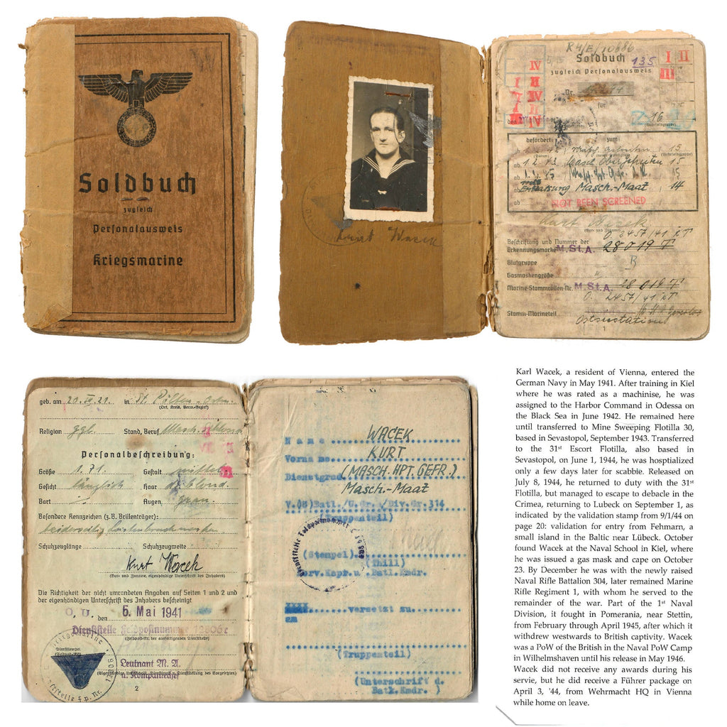 Original German WWII Kriegsmarine Soldbuch ID & Payment Book of Eastern Front Veteran MaschinistMaat Kurt Wacek with Translated Summary Original Items