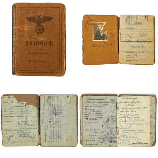 Original German WWII Soldbuch Soldier Identity & Payment Book for Lt. Erich Schultze - Fought on Both Eastern and Western Fronts Original Items