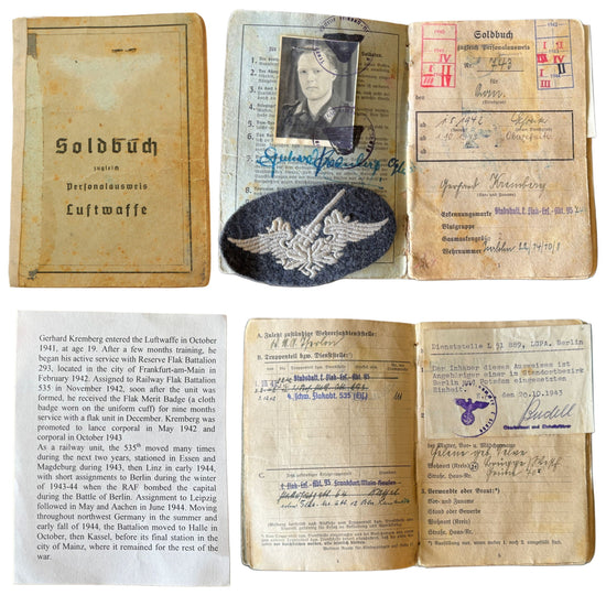 Original WWII German Luftwaffe Soldbuch Identity & Payment Book for Flak NCO Obergefreiter Gerhard Kremberg with Flak Artillery Trade Badge - Railway Flak Battalion 535 Original Items